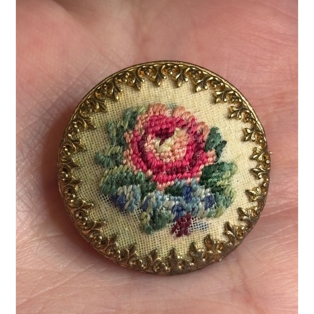 1950s Floral Petit Point Brooch Embroidered Needlepoint Rose Miniature Pin